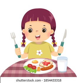 Vector illustration cartoon of a little girl eating breakfast.