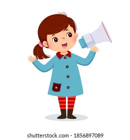 Vector illustration cartoon of a little girl shouting by megaphone and showing her hand.