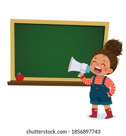 Vector illustration cartoon of a little girl shouting by megaphone and announcing with blackboard.