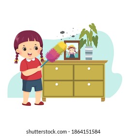 Vector illustration cartoon of a little girl dusting the cabinet. Kids doing housework chores at home concept.