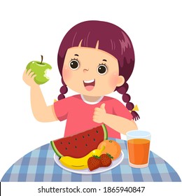 Vector illustration cartoon of a little girl eating green apple and showing thumb up sign.