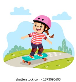 Vector illustration cartoon of little girl in safety helmets skating skateboard in the park.