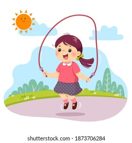 Vector illustration cartoon of little girl jumping rope in the park.