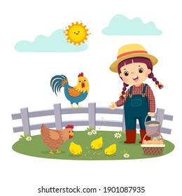 Vector illustration cartoon of little girl farmer feeding her chickens.