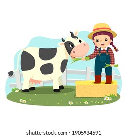 Vector Illustration Cartoon Of Little Girl On Bale Of Hay Feeding Her Cow With Green Grass.