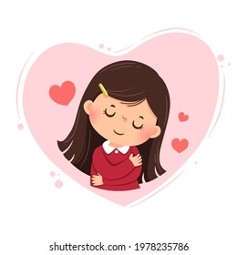 Vector illustration cartoon of a little girl hugging herself on pink heart background. Love yourself concept.