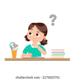 Vector illustration of a cartoon little girl doing hard homework on the table.