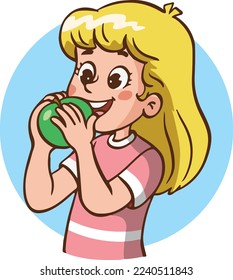 Vector illustration cartoon of a little girl eating green apple and showing thumb up sign.