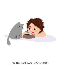 Vector illustration cartoon of a little girl feeding her cat. Kids doing housework chores at home concept.