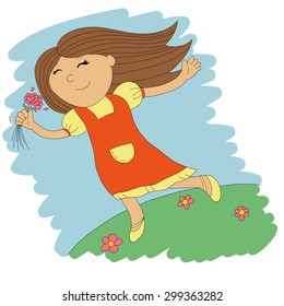 Vector illustration of cartoon little girl with flowers