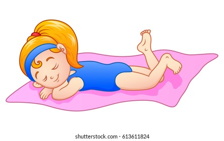 Vector illustration of Cartoon little girl sunbathing on the towel