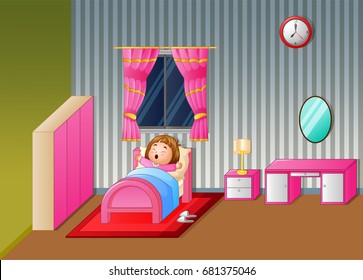 Vector illustration of Cartoon Little girl waking up and yawning