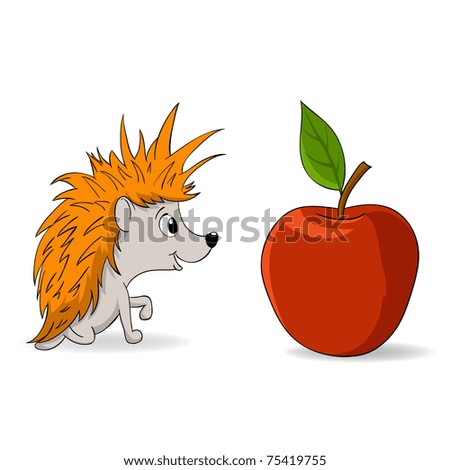 Vector illustration. Cartoon little hedgehog and red apple