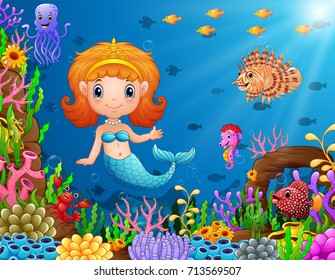 Vector illustration of Cartoon little mermaid underwater