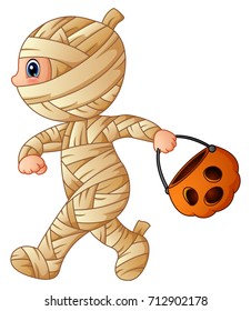 Vector illustration of Cartoon little mummy with pumpkin basket
