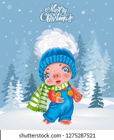 Vector illustration with cartoon little pig. Background invitation. Winter retro holiday card. 2019 Chinese New Year of the Pig. Christmas greeting card