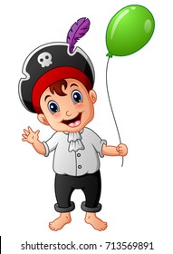 Vector illustration of Cartoon little pirate with green balloon