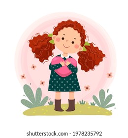 Vector illustration cartoon of little red curly hair girl hugging heart shaped. Self love, self care, positive, happiness concept.