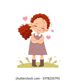 Vector illustration cartoon of little red curly hair girl hugging herself. Love yourself concept.