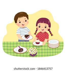 Vector Illustration Cartoon Of Little Siblings Setting The Table. Kids Doing Housework Chores At Home Concept.