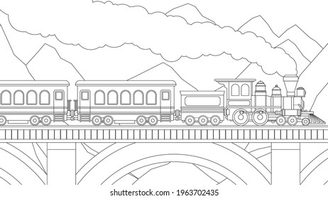 Vector illustration, cartoon little train going over the bridge over the mountains, coloring book.