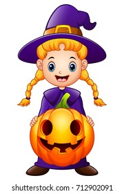 Vector illustration of Cartoon little witch holding a pumpkin