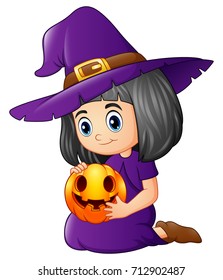 Vector illustration of Cartoon little witch holding a pumpkin