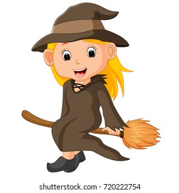 vector illustration of Cartoon little witch flying use a broomstick