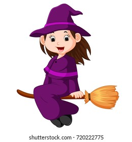 vector illustration of Cartoon little witch flying use a broomstick