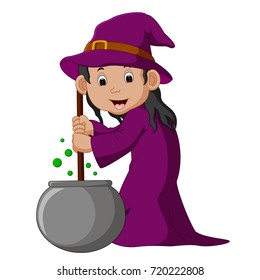 vector illustration of Cartoon little witch preparing potion