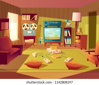 Vector Illustration Of Cartoon Living Room At 80s, 90s. Video Games, VHS Recorder For Children. Front View From Sofa To TV Set, Vinyl Player. Light From Window On Furniture, Carpet. Domestic Interior