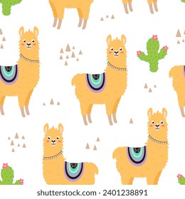 vector illustration of cartoon llama or alpaca and cactus, seamless pattern of cute llama, print for fabric, wallpaper, textile