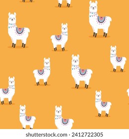 vector illustration of cartoon llama or alpaca on orange background, seamless pattern of cute funny animal, print for fabric, wallpaper, textile