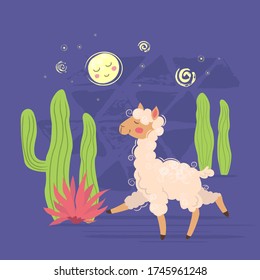 Vector illustration of cartoon llama baby in the wild desert in the night.