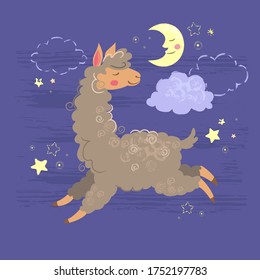 Vector illustration of cartoon  llama and moon, stars on dark sky. Good night picture.