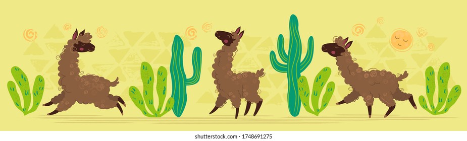 Vector illustration of cartoon llamas happy walking in the desert with cactuses.  