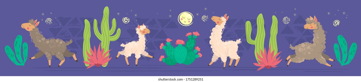 Vector illustration of cartoon llamas on purple backgrounde with night stars, moon and cactuses. Big  horizontal set with llamas and cactuses.