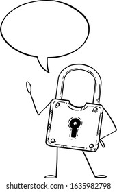 Vector illustration of cartoon lock or padlock character with speech bubble.Security or privacy advertisement or marketing design.