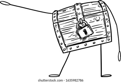 Vector illustration of cartoon locked treasure pirate chest character showing or pointing at something by hand. Economy or financial advertisement or marketing design.