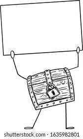Vector illustration of cartoon locked treasure pirate chest character holding empty sign in hand. Economy or financial advertisement or marketing design.