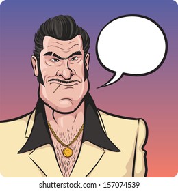 Vector illustration of cartoon mafia man with speech bubble. Easy-edit layered vector EPS10 file scalable to any size without quality loss. High resolution raster JPG file is included.