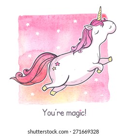 Vector illustration. Cartoon magic unicorn. You are magic.