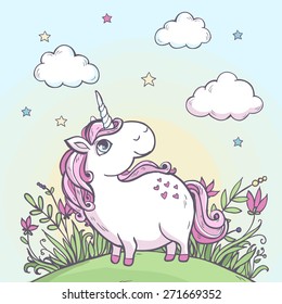 Vector illustration. Cartoon magic unicorn.