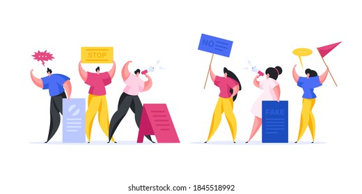Vector illustration of cartoon male and female rebels holding boards and banners with No and Stop isolated on white background