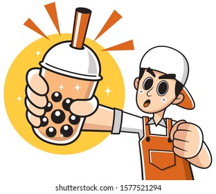 Vector illustration of Cartoon Male presenting Bubble tea