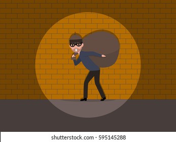 Vector illustration cartoon male thief carrying a bag with a loot. Character man robber with a big sack. Flat style. Caught a burglar by the wall.