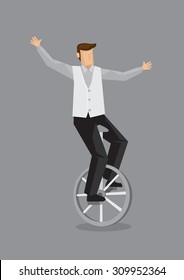 Vector illustration of cartoon man balancing on unicycle with open arms isolated on grey background.