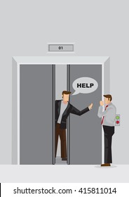 Vector illustration of cartoon man behind jammed elevator door trapped inside fit and calling out for help. 