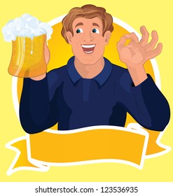 Vector illustration of cartoon man with big smile holding beer on the copy space ribbon.