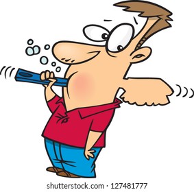 A vector illustration of cartoon man brushing his teeth